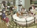  6+girls acoustic_guitar angel angel_wings bag barefoot bed black_hair black_shoes blonde_hair blue_eyes book bookshelf bow bowtie brown_eyes brown_hair chair cigarette clock closed_mouth collar cup curtains drawer elbow_rest food glasses green_shirt green_sweater guitar haibane_renmei halo hand_rest highres hikari_(haibane_renmei) holding holding_cigarette holding_cup instrument jewelry kana_(haibane_renmei) kuu_(haibane_renmei) long_sleeves looking_at_another miniskirt mirror muffin multiple_girls music necklace nemu_(haibane_renmei) one_eye_closed open_mouth pants pantsu-ripper picture_frame pillow plant playing_instrument potted_plant rakka_(haibane_renmei) reading red_bow red_bowtie red_skirt reki_(haibane_renmei) shirt shoes short_hair shoulder_bag sitting skirt smile smoking sweater table third-party_source window wings wooden_chair wooden_floor working 
