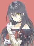  1girl bandaged_arm bandages black_choker black_hair choker closed_mouth collarbone frown hair_between_eyes long_hair looking_at_viewer red_background shiny shiny_hair simple_background solo tales_of_(series) tales_of_berseria ueyasu upper_body v-shaped_eyebrows velvet_crowe very_long_hair yellow_eyes 