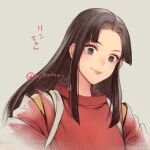  1girl brown_hair closed_mouth commentary eyelashes eyeshadow kamui_natsuki lin_(sen_to_chihiro_no_kamikakushi) long_hair looking_down makeup pink_lips pink_sweater sen_to_chihiro_no_kamikakushi sidelocks simple_background smile solo sweater twitter_username upper_body 