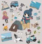  156m 3girls animal bacon bangs bird black_eyes black_legwear blanket blue_hair blush book boots brown_hair campfire car chikuwa_(yurucamp) closed_mouth cup cup_ramen dog fire flower food gloves grey_background ground_vehicle hair_bun highres ice_cream ice_cream_cone jacket kagamihara_nadeshiko long_hair long_sleeves motor_vehicle mount_fuji mountain mug multicolored multicolored_clothes multicolored_scarf multiple_girls mushroom noodles onion open_mouth pants pantyhose pinecone pink_hair ramen saitou_ena scarf shima_rin short_hair shorts sidelocks sign simple_background spring_onion star_(symbol) tent tree vegetable yellow_scarf yurucamp 