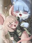 absurd_res anthro blue_body blue_fur blue_hair blush blush_lines brown_body brown_fur brown_hair domestic_cat duo felid feline felis fluffy fluffy_chest fur hair hamu_chunchun hi_res japan_air_self-defense_force long_hair male male/male mammal military mouse murid murine omaneko_(jasdf) osoiyume rodent simple_background size_difference teasing