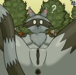 anthro anus areola black_anus black_areola black_body black_fur black_nipples black_vulva breasts chest_tuft crytonic domestic_cat don't_starve ears_up felid feline felis female fur genitals grey_body grey_fur hi_res hybrid inner_ear_fluff klei_entertainment looking_at_viewer lying mammal mouth_closed multicolored_body multicolored_fur nipples on_back outside plant procyonid question_mark raccoon sky solo tree tuft vulva whiskers white_eyes