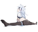  1girl absurdres ahisha_(di_le_to) blue_eyes blue_hair blue_ribbon cardigan closed_mouth di_le_to from_behind hair_ornament hairpin highres long_hair looking_back no_pants one_side_up original panties panties_under_pantyhose pantyhose ribbon shadow shirt simple_background sitting spread_legs toes underwear white_background white_shirt wide_spread_legs 
