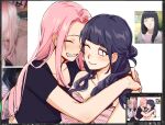  2girls alternate_costume alternate_hairstyle anime_screenshot black_shirt blunt_bangs blush clenched_teeth closed_eyes closed_mouth collarbone couple english_commentary happy haruno_sakura heads_together hug hyuuga_hinata light_blush long_hair looking_to_the_side multiple_girls naruto_(series) naruto_shippuuden no_pupils one_eye_closed orotsukashii parted_bangs pink_hair purple_eyes purple_hair real_life_insert screenshot shirt sketch smile teeth unfinished upper_body yuri 