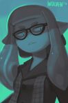  2018 animal_humanoid blue_background blue_eyes cephalopod cephalopod_humanoid clothed clothing english_text eyewear female glasses humanoid inkling inkling_girl itswolven looking_at_viewer marine marine_humanoid mollusk mollusk_humanoid nintendo pseudo_hair shirt signature simple_background solo splatoon squid_humanoid tentacle_hair tentacles text topwear video_games 