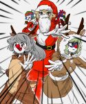  5girls ^_^ anger_vein animal_costume animal_ears antlers belt blonde_hair blue_hair blush christmas christmas_present closed_eyes commentary_request deer_tail dress everyone fake_animal_ears fake_antlers fake_beard fake_facial_hair fake_horns fake_tail gift gift_wrapping gloves green_eyes green_hair grey_eyes grey_hair hair_ornament hair_rings hat hat_ornament highres holding holding_gift holding_sack hood hoodie horns jiangshi kaku_seiga korean_commentary light_blush long_hair looking_at_viewer looking_to_the_side lovelobten miyako_yoshika mononobe_no_futo multiple_girls ofuda open_mouth outstretched_arms pom_pom_(clothes) ponytail purple_hat red_nose reindeer_antlers reindeer_costume sack santa_costume santa_hat shaded_face short_hair smile soga_no_tojiko star_(symbol) star_hat_ornament tail touhou toyosatomimi_no_miko white_background white_gloves zombie_pose 