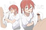  1boy 1girl breasts cum ejaculation ettone glasses handjob hetero highres kobayashi-san_chi_no_maidragon kobayashi_(maidragon) penis ponytail red_hair sanpaku simple_background small_breasts translation_request white_background 