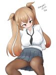  1girl absurdres alternate_costume black_necktie black_pantyhose blush breasts brown_eyes brown_hair collared_shirt commentary_request dated gradient_hair grey_skirt hair_flaps heterochromia highres kantai_collection large_breasts long_hair looking_at_viewer loose_necktie maru_(marg0613) multicolored_hair murasame_(kancolle) necktie one-hour_drawing_challenge pantyhose pleated_skirt red_eyes shirt skirt solo twintails twitter_username white_shirt 