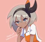  1girl alternate_costume apron bangs bea_(pokemon) blush bow_hairband chocolate_on_fingers collared_shirt commentary_request dark_skin dark_skinned_female eyelashes grey_eyes grey_hair gym_leader hair_between_eyes hairband hand_up happy_valentine heart highres looking_at_viewer orange_apron pink_background pokemon pokemon_(game) pokemon_swsh reji_rimaru shirt short_sleeves simple_background solo upper_body valentine white_shirt 