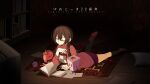  1girl absurdres black_socks blush book bookshelf braid brown_hair brown_shoes carpet checkered_clothes checkered_sweater closed_eyes copyright_name creature crt dark_room dot_nose double-parted_bangs hand_on_book hands_up highres hrdrifter jellyfish_(yume_nikki) leg_up lying madotsuki medium_hair nasu_(yume_nikki) nekoin on_stomach open_mouth pale_skin pillow pink_sweater purple_skirt reading shoes skirt socks sweater television twin_braids vignetting yume_nikki 