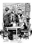 1girl 2boys 2girls absurdres barista beret black_pants black_vest blush border cafe center-flap_bangs chair coffee coffee_maker coffee_mug coffee_pot cup earrings eudetenis faceless glasses greyscale half_updo hanging_light hat height_difference highres holding holding_menu indoors jewelry long_sleeves looking_at_another menu monochrome mug multiple_boys multiple_girls muscular muscular_male necktie on_chair open_mouth original pants plant ponytail potted_plant short_hair sitting size_difference smile steaming_cup suit table tall_male teacup tiles traditional_media vest 