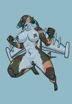  absurd_res aircraft anthro blue_eyes female fist hi_res im51nn5 living_aircraft living_machine living_vehicle machine open_mouth simple_background solo su-25 tape tongue tongue_out vehicle 