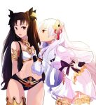  armlet ascot asymmetrical_legwear asymmetrical_sleeves bikini black_ascot black_hair breasts earrings fate/grand_order fate/strange_fake fate_(series) fillia_(fate) garter_belt hair_ornament hair_ribbon holding holding_key hoop_earrings ishtar_(fate) jewelry key long_hair long_legs mismatched_bikini multiple_girls neck_ring open_mouth parted_bangs puffy_sleeves red_eyes reiji001 ribbon shirt simple_background single_thighhigh skirt swimsuit thighhighs tiara two_side_up uneven_legwear uneven_sleeves white_background white_hair white_shirt 
