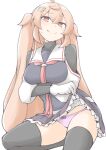  1girl ahoge akara_kai black_sailor_collar black_serafuku black_thighhighs breasts brown_eyes brown_hair clothes_lift hair_flaps hair_ornament hairclip highres kantai_collection lifting_own_clothes long_hair looking_at_viewer medium_breasts murasame_(kancolle) murasame_kai_ni_(kancolle) neckerchief one-hour_drawing_challenge panties pink_panties sailor_collar school_uniform serafuku shirt simple_background sitting skirt skirt_lift smile solo sweatdrop thighhighs two_side_up underwear wariza white_background 