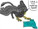 2020 4:3 4_toes ambiguous_feral ambiguous_gender asking avian beak beak_closed black_eyebrows blue_clothing blue_shirt blue_t-shirt blue_topwear clothing colored crouching daryush_(electronbird) dialogue digital_drawing_(artwork) digital_media_(artwork) electronbird english_description english_text eyebrows feathered_wings feathers feet feral fur grey_body grey_feathers grey_fur grey_tail grey_wings gryphon lidded_eyes long_tail looking_at_object looking_at_shirt male_(lore) mouth_closed mythological_avian mythological_creature mythology nude_ambiguous paws quadruped question question_mark shaded shirt simple_background solo speech_bubble spread_wings standing t-shirt tail talons text toes topwear white_background wings yellow_beak yellow_eyes