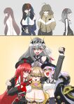  4girls ahoge anis_(nikke) bandaged_head bandages before_and_after beret black_coat black_crown black_dress black_gloves black_hat black_skirt black_tiara blood blood_in_hair blood_on_face blood_splatter blood_stain blue_necktie blush breasts brown_eyes brown_hair cat_hair_ornament cheek_poking choker cleavage clothes_around_waist coat coat_on_shoulders commentary_request counters_(nikke) crown detached_sleeves dirty dirty_clothes dirty_face dress finger_to_another's_cheek finger_to_cheek fingerless_gloves garrison_cap glasses gloves goddess_of_victory:_nikke gradient_necktie green_eyes grey_hair hair_ornament hand_on_another's_face hat highres index_finger_raised jacket jewelry large_breasts long_hair long_sleeves looking_at_another marian_(nikke) mask mask_pull modernia_(nikke) modernia_(second_affection)_(nikke) mouth_mask multiple_girls necklace necktie neo-neon_(nikke) neon_(nikke) official_alternate_costume official_alternate_design official_alternate_hair_color open_mouth oversized_hat poking potofu0816 raised_fist rapi_(nikke) rapi_(red_hood)_(nikke) rapi_(young)_(nikke) red-framed_eyewear red_eyes red_hair ribbon see-through_cleavage see-through_clothes shirt short_hair sideless_dress skirt smile spoilers stain stall_iii_(nikke) star_(symbol) star_necklace tiara white_background white_gown white_hair white_shirt yellow_jacket 