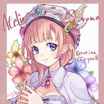  1girl artist_name atelier_(series) atelier_rorona blue_eyes blue_gem border breasts character_name cleavage closed_mouth commentary_request copyright_name floral_background gem hat highres looking_at_viewer nail_polish outside_border own_hands_together pink_border pink_hair pink_nails rorolina_frixell smile solo upper_body white_background winged_hat yuri_yone 