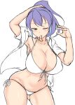  1girl 9rimson alternate_breast_size_(larger) arm_up bikini blue_streaks blush breasts choppy_bangs closed_mouth commentary_request cowboy_shot front-tie_bikini_top front-tie_top green_eyes hair_tie hair_tie_in_mouth hand_up huge_breasts jacket long_hair looking_at_viewer mouth_hold multicolored_hair one_eye_closed open_clothes open_jacket ponytail purple_hair serena_(yu-gi-oh!) side-tie_bikini_bottom simple_background sketch smile solo streaked_hair swimsuit tying_hair white_background white_bikini white_jacket yu-gi-oh! yu-gi-oh!_arc-v 