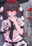  1girl absurdres belt black_bra black_hair black_necktie black_skirt blush bra collared_shirt commentary_request hat highres looking_at_viewer necktie outdoors pom_pom_(clothes) rain red_eyes red_hat shameimaru_aya shirt short_hair short_sleeves skirt solo tokin_hat touhou underwear upper_body wet wet_clothes white_shirt yuuka_(a0240765) 