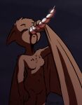  anthro beverage blood bodily_fluids breasts brown_body brown_fur chiropteran digital_media_(artwork) drinking e254e eyes_closed female fur hair hi_res horn mammal membrane_(anatomy) membranous_wings nude solo standing wings 