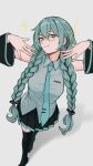  1girl absurdres aqua_eyes aqua_hair aqua_necktie banken bespectacled black_boots black_skirt boots braid commentary detached_sleeves glasses grey_shirt hatsune_miku highres long_hair necktie pleated_skirt shadow shirt shoulder_tattoo skirt solo sparkle sparkling_aura tattoo twin_braids vocaloid 