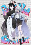  2girls bare_legs baseball_cap belly black_hair black_halo blue_archive blue_halo boots commentary_request cup glance halo hat highres holding holding_cup holding_phone jacket long_hair looking_at_viewer millennium_science_school_logo multiple_girls noa_(blue_archive) ohajiki_0000 pants phone red_halo rio_(blue_archive) shirt shoes simple_background skirt sneakers sunglasses t-shirt very_long_hair white_hair white_halo 