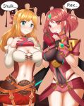  2girls absurdres blonde_hair breasts candy chocolate chocolate_heart fiora_(xenoblade) food heart highres ii_tea jewelry large_breasts long_hair multiple_girls navel pyra_(xenoblade) red_eyes red_hair short_hair valentine xenoblade_chronicles xenoblade_chronicles_(series) xenoblade_chronicles_2 