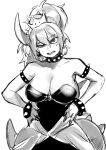  1girl armlet black_dress black_nails bowsette bracelet chest_jewel choker clenched_teeth dress earrings frown hair_between_eyes hands_on_own_hips head_tilt high_ponytail horns jewelry lizard_tail looking_at_viewer mario_(series) messy_hair monochrome new_super_mario_bros._u_deluxe ponytail rao_(live-w) sharp_teeth sphere_earrings spiked_armlet spiked_bracelet spiked_choker spiked_tail spikes standing strapless strapless_dress super_crown sweatdrop tail teeth uneven_eyes 