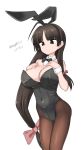  1girl absurdres animal_ears black_bow black_bowtie black_eyes black_hair black_leotard black_pantyhose bow bowtie breasts cleavage commentary_request covered_navel detached_collar hands_on_own_chest highres kantai_collection large_breasts leotard long_hair low-tied_long_hair maru_(marg0613) one-hour_drawing_challenge pantyhose playboy_bunny rabbit_ears shouhou_(kancolle) simple_background solo strapless strapless_leotard white_background wrist_cuffs 