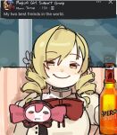  alcohol beer blonde_hair blush bow bowtie breasts charlotte_(madoka_magica) collar colored_eyelashes creature drill_hair drunk english_text facebook hair_ornament heterochromia highres juliet_sleeves long_sleeves looking_at_viewer mahou_shoujo_madoka_magica meme mitakihara_school_uniform my_two_best_freinds_in_the_world_(meme) organsoup puffy_sleeves red_ribbon ribbon school_uniform shirt smile tomoe_mami twin_drills white_shirt yellow_eyes 