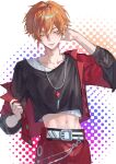  1boy belt blonde_hair commentary crop_top earrings green_eyes hair_between_eyes hand_up highres jewelry layered_clothes looking_at_viewer lower_teeth_only male_focus midriff multicolored_hair navel necklace orange_hair parted_lips project_sekai shiki20_aa shinonome_akito short_hair solo streaked_hair stud_earrings teeth three-quarter_sleeves two-tone_hair untranslatable_commentary upper_body 