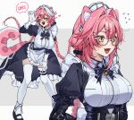  1girl absurdres animal_ears armor bell black-framed_eyewear black_dress black_ribbon black_shoes blush braid breasts claw_pose commentary dress fang fangs flying_sweatdrops glasses highres hololive hololive_english jingle_bell keisea large_breasts long_hair maid multicolored_hair open_mouth panther_ears panther_girl panther_tail pink_hair pink_tail pouch raora_panthera raora_panthera_(maid) ribbon semi-rimless_eyewear shoes skin_fang skin_fangs smile solo_focus streaked_hair tail thigh_pouch thighhighs thighs twin_braids twintails two-tone_background two-tone_hair under-rim_eyewear virtual_youtuber white_armor white_background white_hair white_thighhighs yellow_eyes zipper 