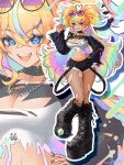  1girl ahoge arielle_(vtuber) bare_shoulders black_boots black_collar black_shirt black_shorts blonde_hair blue_eyes boots breasts cleavage collar curvy eyewear_on_head hair_between_eyes heart heart_ahoge highres indie_virtual_youtuber jewelry large_breasts liquid_clothes liquid_hair long_hair long_sleeves looking_at_viewer midriff multicolored_hair navel necklace open_mouth rainbow_hair shirt shorts slime_(substance) smile spiked_boots strapless sunglasses thick_thighs thighs torn_clothes triangular_eyewear tube_top twintails virtual_youtuber white_tube_top yu_arima 