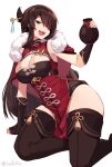  1girl :d artist_name beidou_(genshin_impact) black_gloves breasts brown_eyes brown_hair capelet cleavage commentary eyebrows_visible_through_hair eyepatch fang fingerless_gloves fur_trim genshin_impact gloves hair_ornament hair_stick highres iwbitu-sa jar kneeling large_breasts leotard long_hair looking_at_viewer open_mouth pelvic_curtain red_eyepatch simple_background smile solo tassel teeth thighhighs twitter_username white_background 