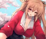  1girl blush breasts brown_eyes brown_hair cleavage collarbone hair_between_eyes hair_flaps hanging_breasts heterochromia highres hirune_(konekonelkk) kantai_collection large_breasts long_hair looking_at_viewer murasame_(kancolle) open_mouth outdoors red_shirt shirt solo yellow_eyes 
