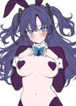  1girl absurdres alternate_costume animal_ears bigpicklesman blue_archive blue_bow blue_bowtie blue_eyes blush bow bowtie breasts clenched_hands fake_animal_ears hair_ornament hands_on_own_chest heart heart_pasties highres long_hair looking_at_viewer medium_breasts navel pasties purple_hair rabbit_ears reverse_bunnysuit reverse_outfit solid_eyes solo sweatdrop triangle_hair_ornament two_side_up white_background yuuka_(blue_archive) 