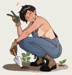  +++ 1girl :d black_hair blue_overalls blush boots breasts brown_boots celebelian check_copyright closed_eyes copyright_request earrings freckles from_side full_body gardening gloves holding holding_shovel jewelry large_breasts nipple_slip nipples open_mouth original overalls short_hair shovel smile solo sprout tan tanlines teeth upper_teeth_only v white_background 