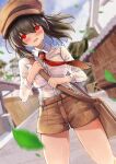  1girl absurdres bag blurry brown_bag brown_hat brown_shorts collared_shirt commentary_request commission day depth_of_field embarrassed flat_cap hat highres long_sleeves looking_at_viewer missing_wings necktie no_bra outdoors pixiv_commission red_necktie see-through_clothes see-through_shirt shameimaru_aya shameimaru_aya_(newsboy) shirt shorts shoulder_bag solo thighs touhou wet wet_clothes wet_shirt white_shirt yuuka_(a0240765) 