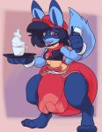  2020 anthro beverage big_diaper blue_body blue_fur breasts clothing crop_top crotch_apron cuff_links cup diaper female flat_cap fur gloves_(marking) hat headgear headwear holding_tray koze_(rouwrf) leg_markings lucario male_(lore) markings medium_breasts nintendo pok&eacute;mon pok&eacute;mon_(species) pokemon_cafe_mix rouwrf scarf shirt solo topwear tray video_games waiter 