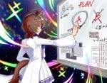  1girl agnes_tachyon_(tach-nology)_(umamusume) agnes_tachyon_(umamusume) ahoge animal_ears black_hair blush bow bowtie brown_hair chemical_structure closed_mouth coat dantsu_flame_(umamusume) earrings hair_between_eyes holding holding_marker holding_trophy horse_ears horse_girl horse_tail jam_(umamusume) jewelry jungle_pocket_(umamusume) lab_coat long_hair long_sleeves manhattan_cafe_(umamusume) marker muyo_aaa photo_(object) purple_bow purple_bowtie purple_shirt red_eyes sailor_collar sailor_shirt school_uniform shirt single_earring skirt smile solo sweater_vest tail tracen_school_uniform trophy umamusume white_skirt whiteboard writing yellow_sweater_vest 