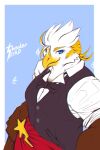  agitype01 anthro avian beak black_clothing blue_eyes bow_tie character_name clothed clothing hi_res male shirt solo thunderbird_(tas) tokyo_afterschool_summoners topwear vest video_games white_body white_clothing white_shirt white_topwear yellow_beak 