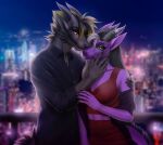  2021 amur anthro breasts city clothed clothing detailed_background digital_media_(artwork) dragon eyebrows eyelashes female fur horn night non-mammal_breasts outside wingless_dragon yellow_eyes 