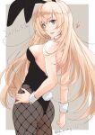  1girl absurdres alternate_costume animal_ears ass back black_leotard black_pantyhose blonde_hair bow bowtie brown_background commentary_request dated detached_collar fake_animal_ears fake_tail fishnet_pantyhose fishnets highres kantai_collection leotard looking_at_viewer looking_back open_mouth pantyhose playboy_bunny rabbit_tail shiomugi_(shio_mugi1107) smile solo strapless strapless_leotard tail traditional_bowtie twitter_username victorious_(kancolle) white_background wrist_cuffs 