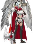  1girl abs animal armor axe bare_shoulders battle_axe bird breastplate cape closed_mouth dagr_(fire_emblem) earrings fire_emblem fire_emblem_heroes full_body gloves hand_on_hip headpiece highres holding holding_weapon jewelry kozaki_yuusuke light_blue_hair lips looking_at_viewer midriff muscular muscular_female official_art open_toe_shoes red_cape short_hair shorts silver_eyes sleeveless solo standing toes transparent_background weapon wings 