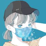  1girl absurdres arm_up bangs baseball_cap black_headwear blue_background blue_eyes blue_mask brown_hair hat highres looking_at_viewer mask mouth_mask nocopyrightgirl original ponytail portrait shirt short_hair simple_background snowflakes solo yellow_shirt 