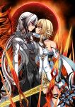  2girls arlecchino_(genshin_impact) arm_armor black_eyes black_hair black_sun blonde_hair breasts closed_mouth clothes_grab coat commentary crimson_moon's_semblance_(genshin_impact) detached_sleeves dress english_commentary eye_contact face-to-face feather_hair_ornament feathers feet_out_of_frame genshin_impact hair_ornament highres holding holding_scythe holding_sword holding_weapon long_hair looking_at_another lovecraftian-trash lumine_(genshin_impact) medium_breasts multicolored_hair multiple_girls neckwear_grab parted_lips ponytail red_pupils red_wings scarf scarf_grab scythe short_hair_with_long_locks single_wing streaked_hair sun sword sword_of_narzissenkreuz_(genshin_impact) symbol-shaped_pupils very_long_hair weapon white_coat white_dress white_hair wings x-shaped_pupils yellow_eyes 