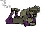 2026 anthro arm_warmers armwear bodily_fluids bracelet_(marking) brown_body brown_fur brown_nose butt chest_tuft clothing collar digital_drawing_(artwork) digital_media_(artwork) ear_tuft facial_tuft fangs feet femboy foot_tuft fur hair hair_over_eyes hi_res hyena inner_ear_fluff leggings legs_up legwear lying male mammal markings on_front simple_background solo spots spotted_hyena spotted_legs spotted_markings spotted_shoulders spotted_tail sweat sweaty_butt tail tail_markings teeth thewolfever tuft tyler_clash warmers white_background
