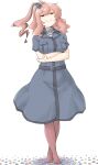  1girl akara_kai anchor_necklace black_dress breast_pocket brown_hair commentary_request crossed_arms crossed_legs dress full_body highres jewelry kantai_collection necklace pantyhose pocket ponytail red_pantyhose saratoga_(kancolle) saratoga_mk_ii_(kancolle) side_ponytail simple_background solo standing wavy_hair white_background 
