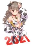  1girl 2021 animal_collar animal_costume animal_ears animal_print bangs bell bell_collar bikini bikini_under_clothes blunt_bangs blush breasts brown_hair chinese_zodiac cleavage collar commentary cow_costume cow_ears cow_print cow_tail eyebrows fake_animal_ears fake_tail frown full_body hand_on_hip hand_on_own_head highres idolmaster idolmaster_cinderella_girls jumpsuit_pull kamiya_nao large_breasts long_hair long_sleeves looking_at_viewer navel new_year open_mouth print_bikini print_jumpsuit red_collar red_eyes satomura_kyou solo standing swimsuit tail unzipped white_background white_bikini year_of_the_ox 