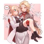  2girls art_undertaker blonde_hair blush capelet carrying carrying_person commentary cone_hair_bun embarrassed english_commentary facial_mark forehead_mark full_body girls'_frontline girls'_frontline_2:_exilium hair_bun highres id_card igla_(girls'_frontline_2) lab_coat looking_at_another mechanical_hands mole mole_under_mouth multiple_girls orphelune_(girls'_frontline_2) pants princess_carry smiile sparkle white_pants 